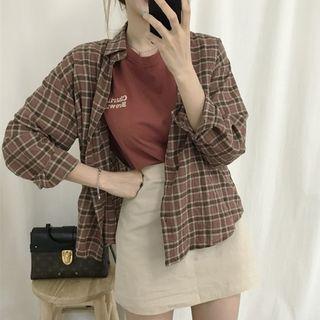 Plaid Shirt / A-line Skirt / Lettering Short-sleeve T-shirt