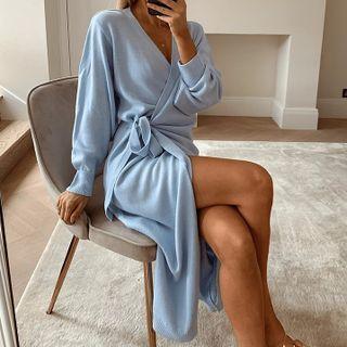 Plain V-neck Long-sleeve Midi A-line Dress