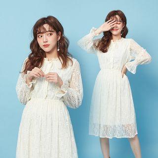 Lace Long-sleeve A-line Dress Almond - One Size