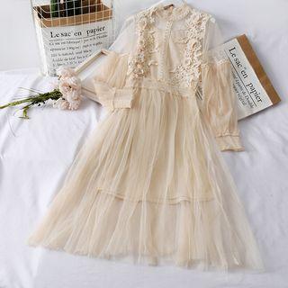 Lace-panel Mesh A-line Dress With Camisole Almond - One Size