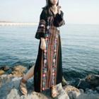 Embroidered Long-sleeve Slit Maxi Dress Black - One Size