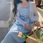 Ruffle Trim Cardigan / Spaghetti Strap Midi A-line Dress