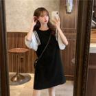 Color Panel Elbow Sleeve Dress Black - One Size