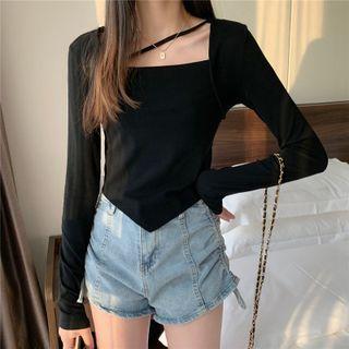 Long-sleeve Square-neck Asymmetrical T-shirt