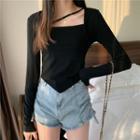 Long-sleeve Square-neck Asymmetrical T-shirt