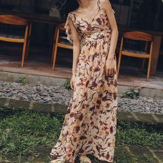 Sleeveless V-neck Floral Printed Open-back Chiffon Dress
