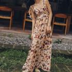 Sleeveless V-neck Floral Printed Open-back Chiffon Dress