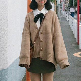 Plain Cardigan / Shirt / A-line Skirt / Set