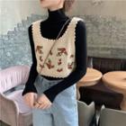 Turtleneck Long-sleeve Top / Floral Embroidered Knit Tank Top