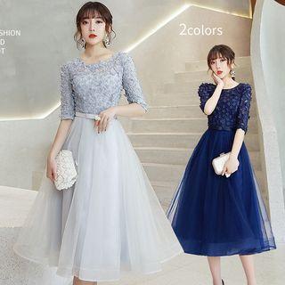 Elbow-sleeve Embellished Midi Prom Dress