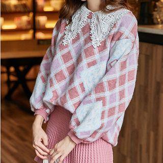 Set: Lace Trim Argyle Sweater + Mini Knit Skirt Sweater - Plaid - Pink - One Size / Skirt - Pink - One Size