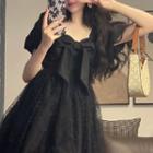 Puff-sleeve Bow Accent Lace Panel Mini A-line Dress