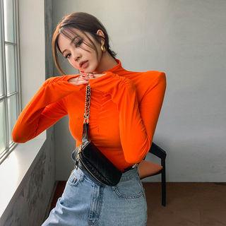 Mock-neck Shirred Wool Blend Top