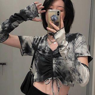 Set: Short-sleeve Tie Dye Top + Arm Sleeves With Arm Sleeves - As Shown In Figure - One Size