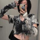 Set: Short-sleeve Tie Dye Top + Arm Sleeves With Arm Sleeves - As Shown In Figure - One Size