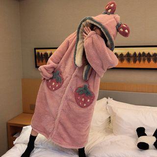 Long-sleeve Hooded Strawberry Coral Fleece Sleep Dress As Shown In Figure - One Size