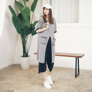 Slit-front Short-sleeved Long T-shirt
