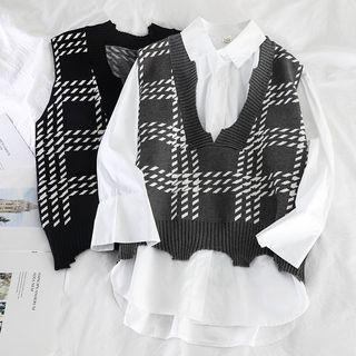 Set: Plain Long-sleeve Blouse + Plaid Knit Top