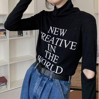 Long-sleeve Cutout Lettering Turtleneck T-shirt