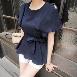 Slit Flare-sleeve Peplum Blouse With Sash