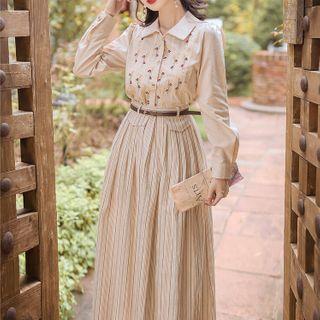 Set: Long-sleeve Embroidered Shirt + Striped Midi A-line Skirt