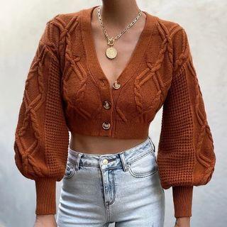 Puff-sleeve Cable Knit Cropped Cardigan