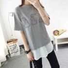 Rabbit Embroidered Color Panel Short Sleeve T-shirt