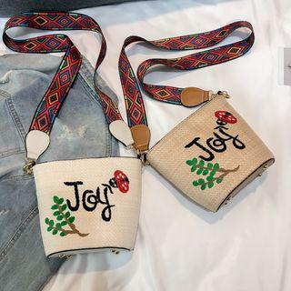 Printed Strap Embroidered Straw Crossbody Bag