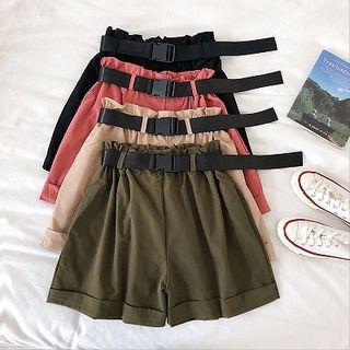 Plain High-waist Roll-up Wide-leg Shorts With Belt