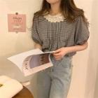 Puff-sleeve Check Blouse Black - One Size