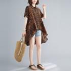 Short-sleeve Leopard Print Ruffled Shirt As Shown In Figure - One Size