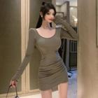 Long-sleeve Plain Shirred Mini Bodycon Dress