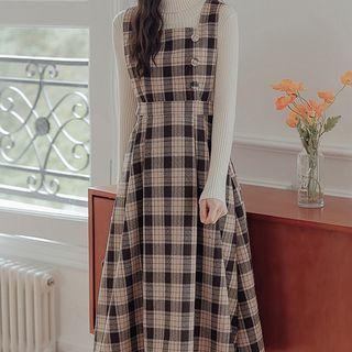 Mock-neck Knit Top / Plaid Midi A-line Overall Dress / Set