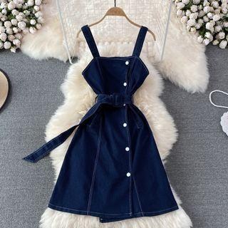 Sleeveless Single Breasted Stitch Denim Dress