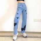 Butterfly Print High-waist Jeans