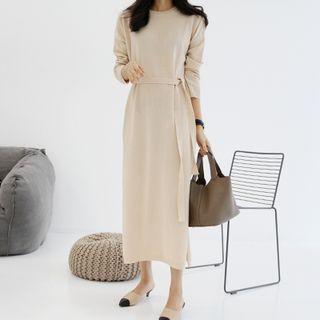 Crew-neck Maxi Knit Dress With Sash Beige - One Size