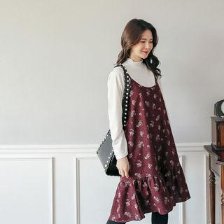 Set: Mock-neck Top + Spaghetti-strap Floral Dress