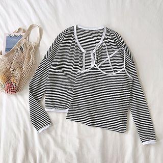 Set Of 2: Striped Long-sleeve Lightweight Cardigan + Camisole Top Stripes - Black & White - One Size