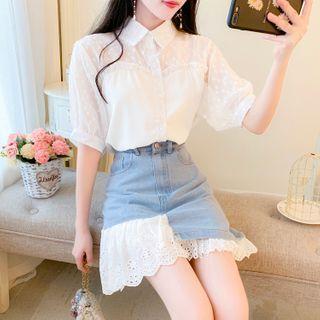 Short-sleeve Dotted Panel Shirt / Eyelet Lace Panel Denim A-line Skirt / Set