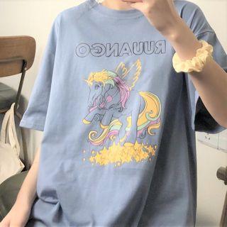 Loose-fit Short Sleeve Unicorn Printed T-shirt