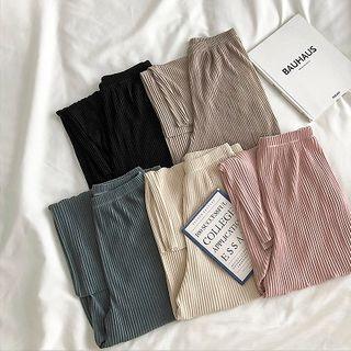 Plain High-waist Rib-knit Wide-leg Pants