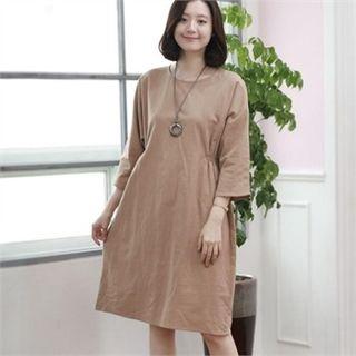 Shirred-side 3/4-sleeve A-line Midi Dress