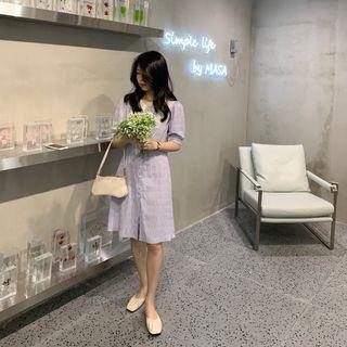 Contrast Collar Short-sleeve Blouse / Button Midi A-line Dress
