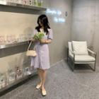 Contrast Collar Short-sleeve Blouse / Button Midi A-line Dress
