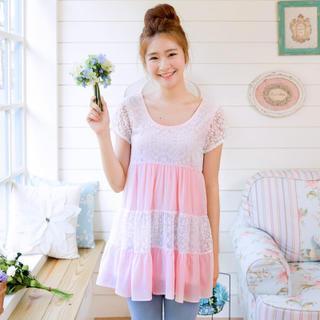 Short-sleeve Lace-panel Color-block Top