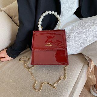 Faux Pearl Handle Patent Crossbody Bag