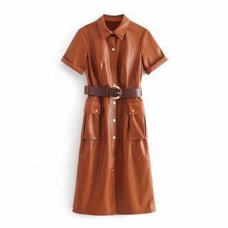 Faux Leather Short-sleeve Button Midi A-line Dress
