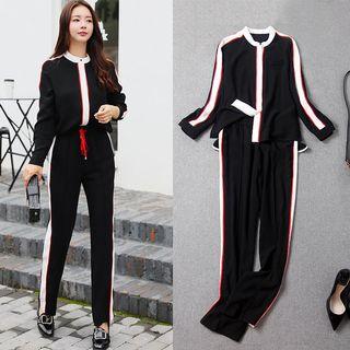Set: Contrast Trim Blouse + Drawstring Waist Wide-leg Pants