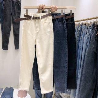 High-waist Fleece-lined Shift Wide Leg Cropped Jeans With Belt