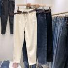 High-waist Fleece-lined Shift Wide Leg Cropped Jeans With Belt